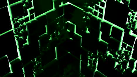abstract animation of vertical tunnel with neon silhouettes of geometric shapes, seamless loop. design. flying along dark walls with a pattern on volumetric rectangles