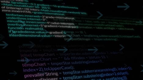 Animation of computer language over looping arrows against black background