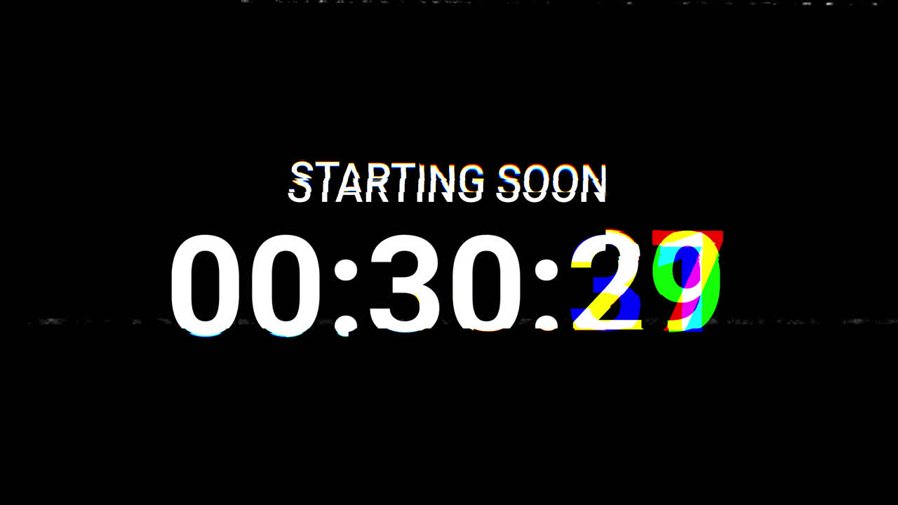 Glitchy Countdown Timer Starting Soon Screen with VHS Effect