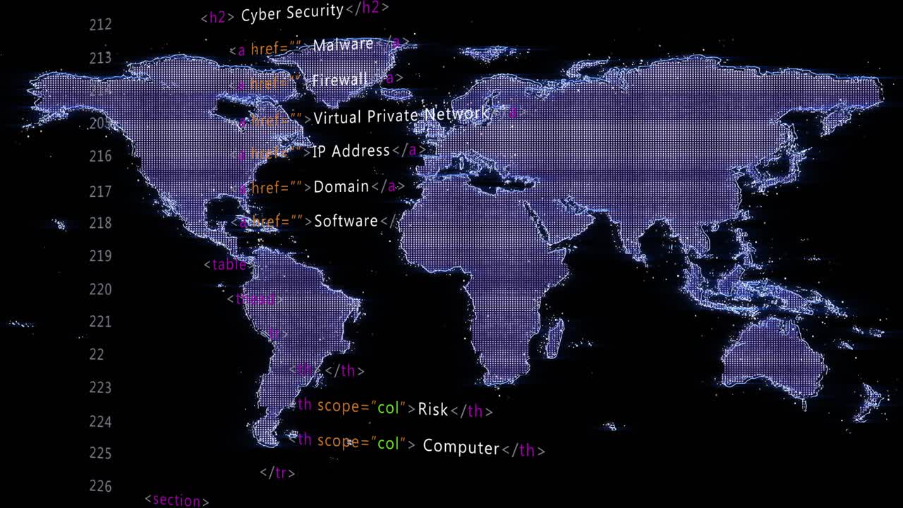 On start HTML code fading in left, purple world map shifting into matrix visualizing cybersecurity