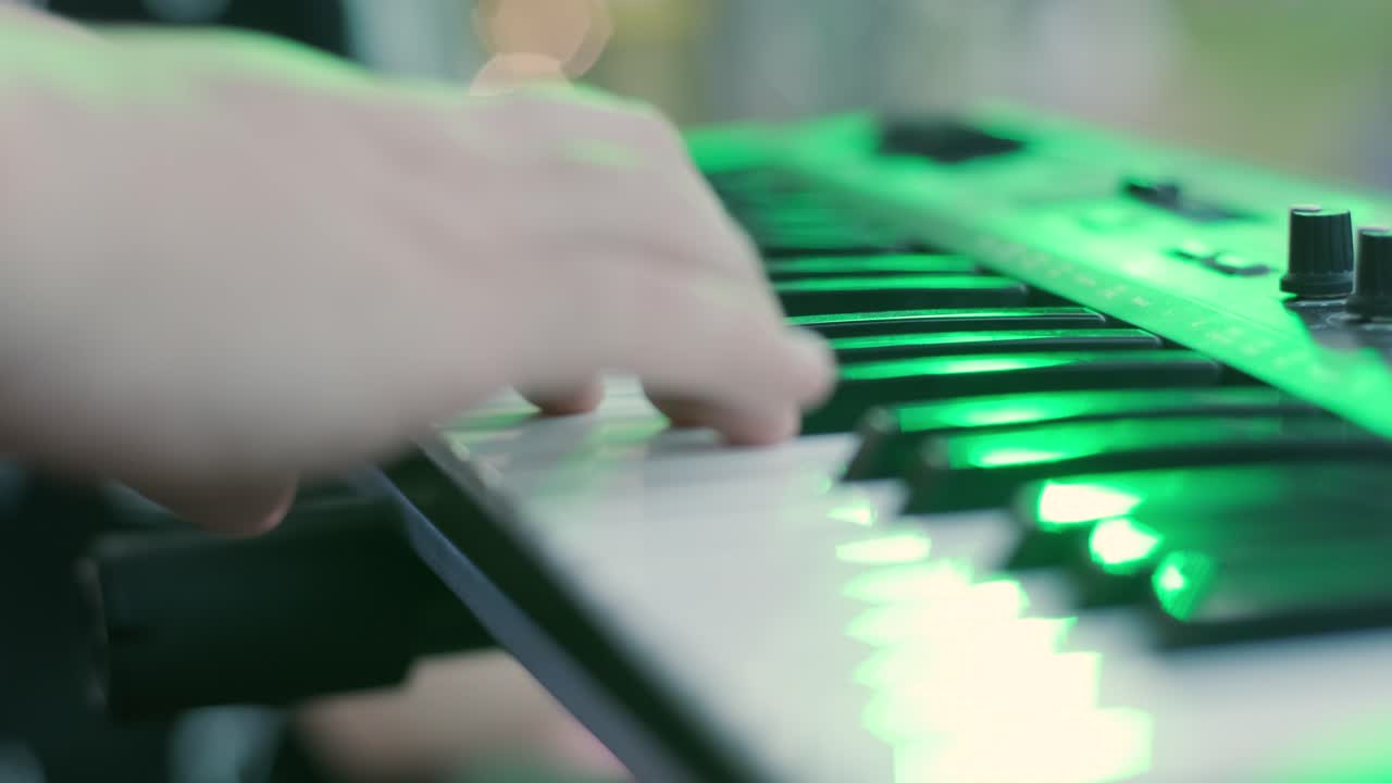 manos masculinas tocando el piano eléctrico bajo la colorida iluminación del escenario, primer plano
