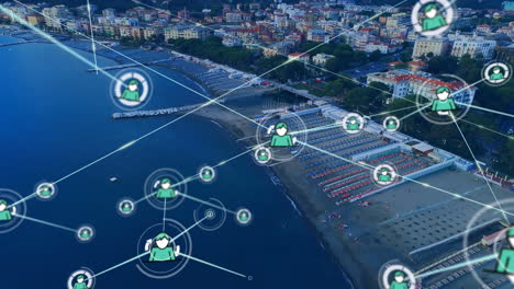 Animation of networks of connections over cityscape