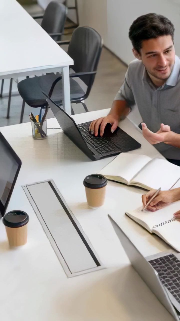 Video verticale: Uomo in polo che parla, mostra il telefono e digita sul laptop per prendere appunti a un tavolo condiviso