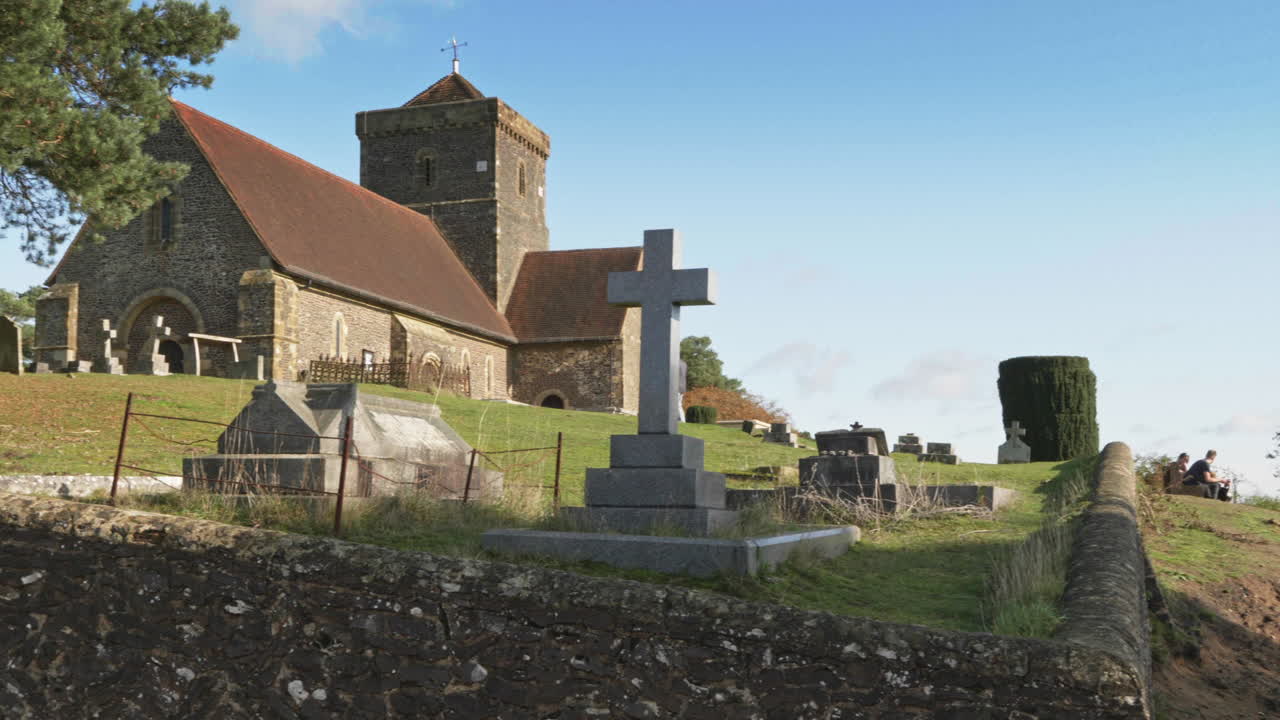 A Panning view of the Church of St Martha-on-the-Hill, located on the Pilgrims' Way, two miles south East of Guildford over looking the Surrey Hills.