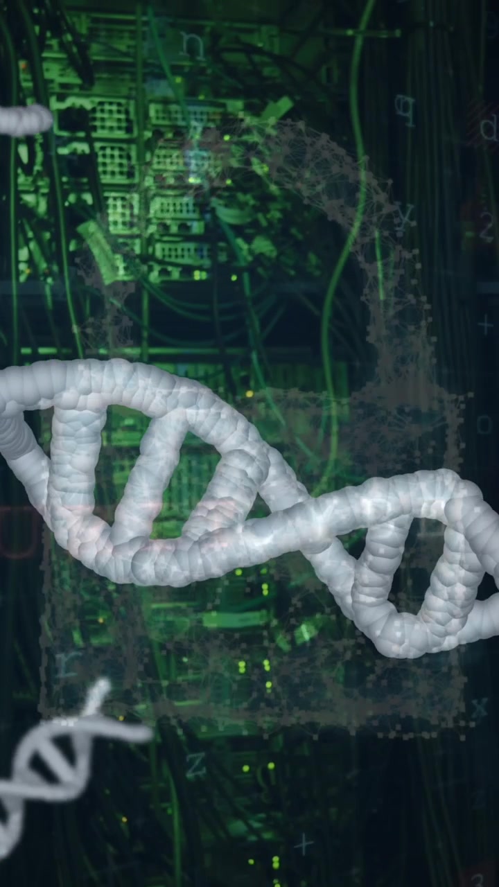 Animation of spinning dna strand over data processing