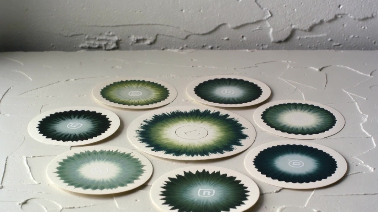 Camera tilting, nine green radial coasters shifting downward on white shelf, revealing plaster wall