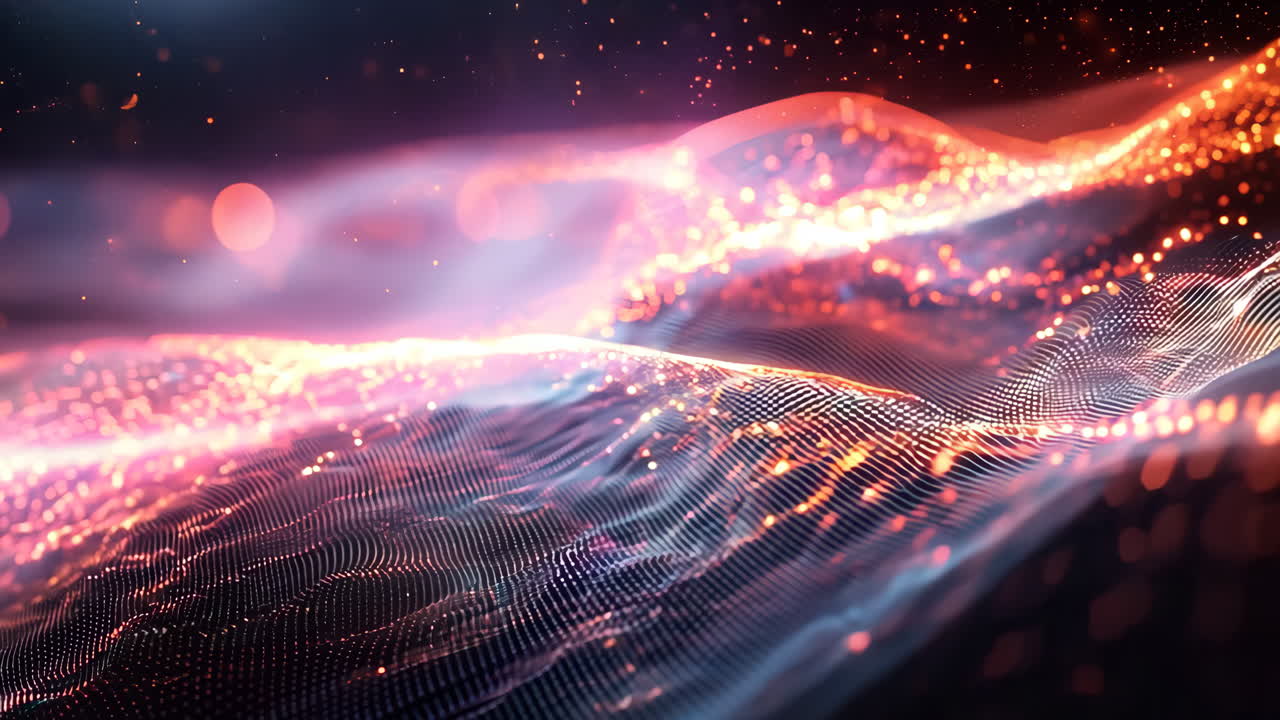 A purple wave with red sparks on it. The wave is made of a pattern of dots. The image has a futuristic and abstract feel to it