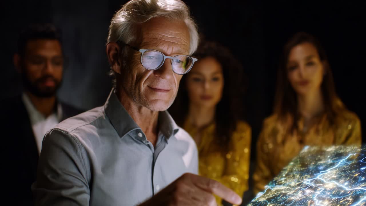 A group of individuals observing an interactive holographic display, showcasing intricate patterns and vibrant colors while engaging in a thoughtful discussion about technology and its implications on modern society