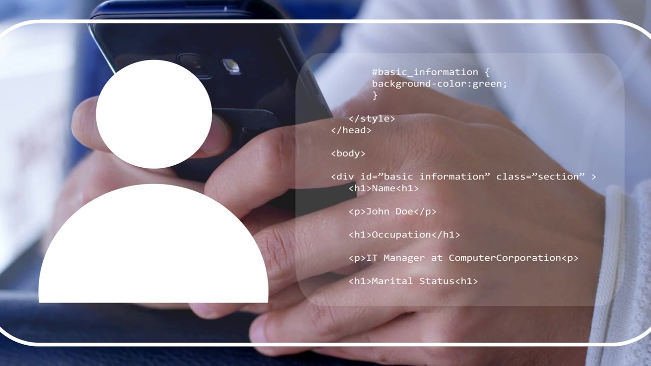 Man tapping phone, causing avatar left and code overlay sliding over hands, filling profile for HR