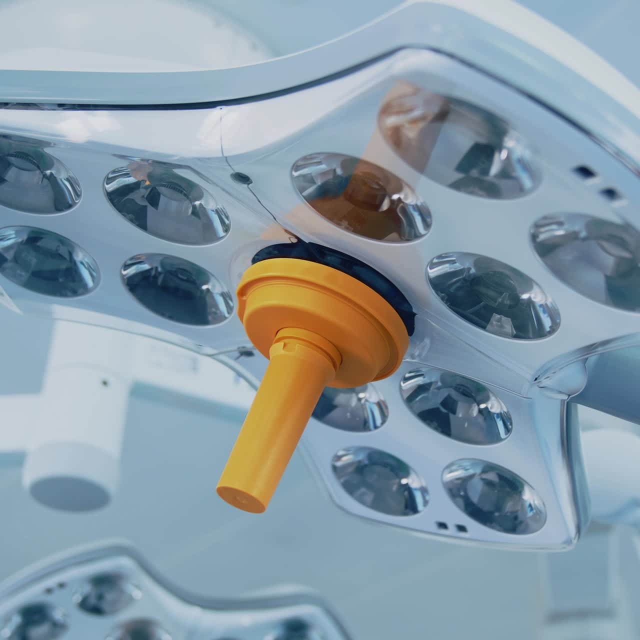 Modern medical lamps on ceiling. Lightning equipment in the operating room. Surgical lamps at a daytime in clinic