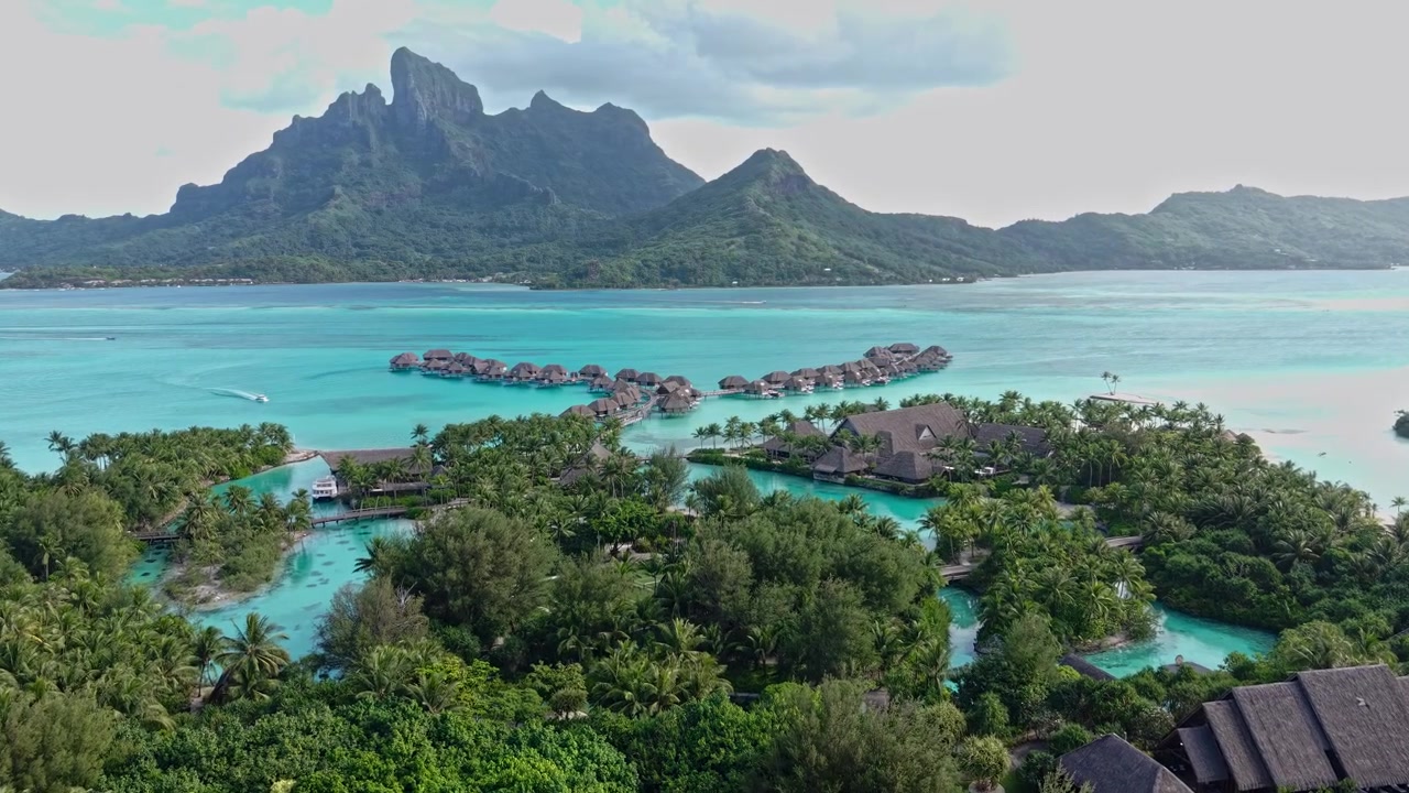 Drone Shot of Bora Bora Island Luxury Resort and Lagoon, French Polynesia