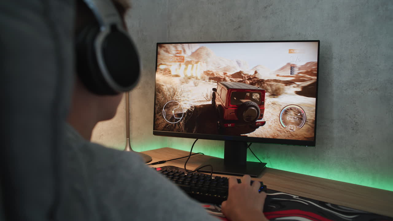 Person playing a video game on a computer