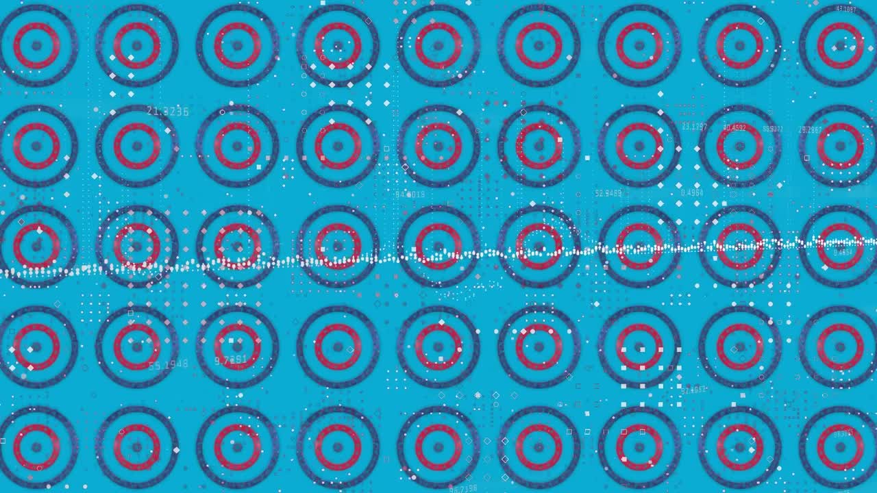 통계 데이터 처리 및 파란색 배경에 회전하는 원에 있는 별 위의 점 패턴