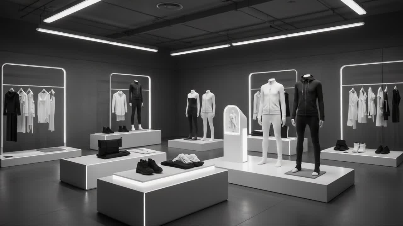 Stylish Contemporary Apparel Showcase: A Minimalistic Display of Modern Fashion in a Sleek Monochrome Environment Highlighting Cutting-Edge Designs and Textures