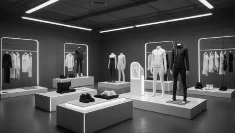 stylish contemporary apparel showcase: a minimalistic display of modern fashion in a sleek monochrome environment highlighting cutting-edge designs and textures