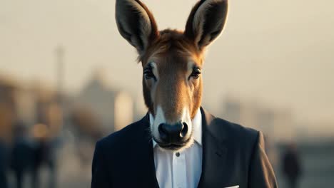 a man with a donkey head walks down a city street in a suit.