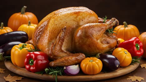 a beautifully roasted turkey surrounded by colorful autumn vegetables and pumpkins, perfectly arranged for a festive feast