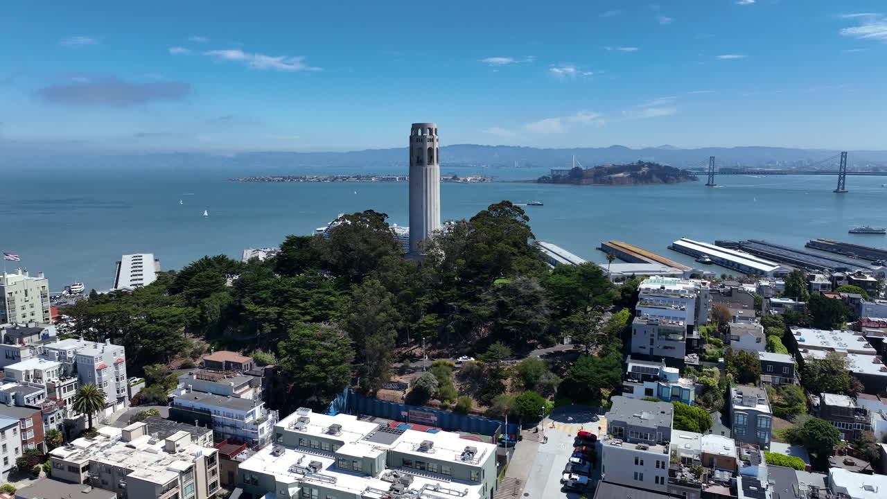 Aerial View Of Coit Tower With San Francisco Bay And San Francisco - Oakland Bay Bridge In California, USA