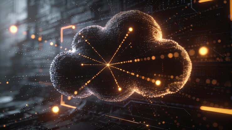 Receiving signal, cloud forming, extending spokes, sending orbs at server rack with orange bracket