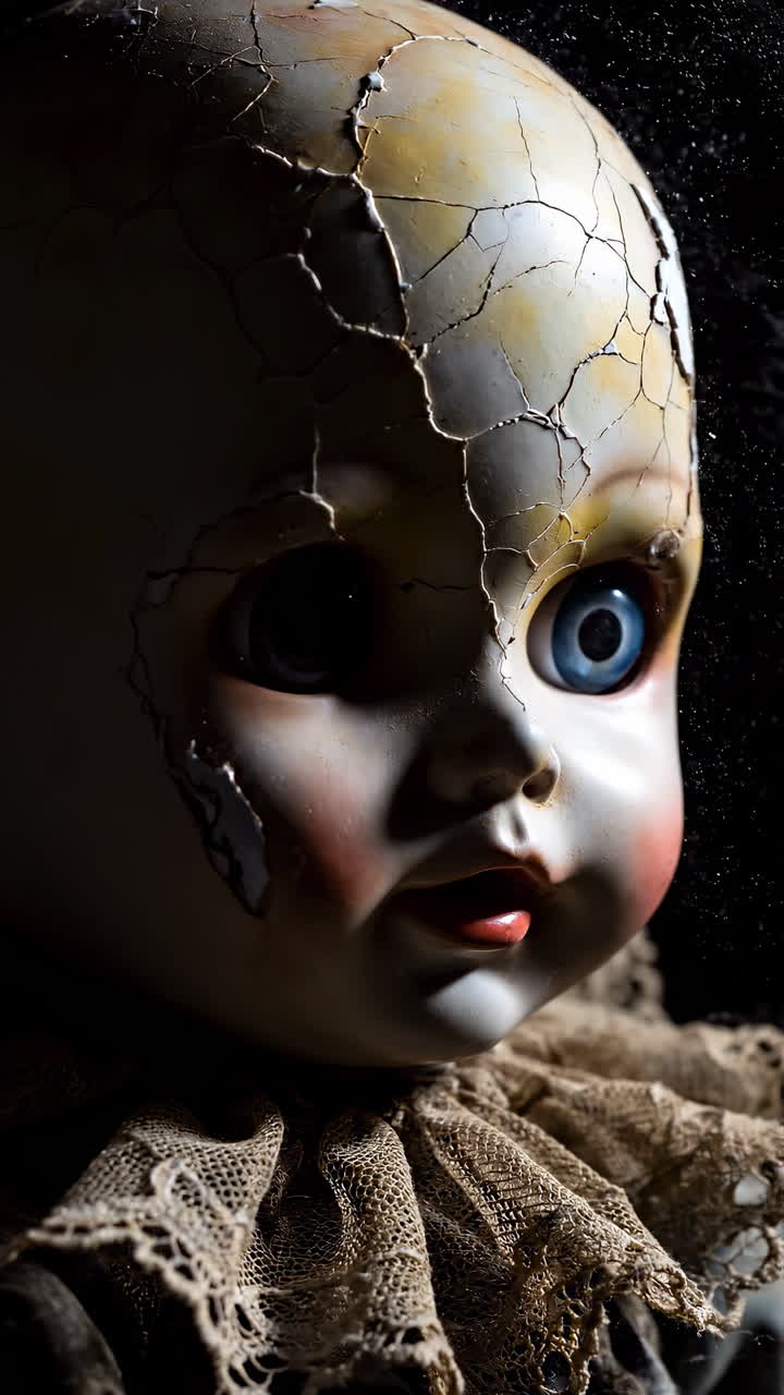 Spękana głowa porcelanowej lalki, niebieskie oko. Koronkowy kołnierz z łuszczącą się farbą, drobinki kurzu, nastrojowe, niskokluczowe oświetlenie.