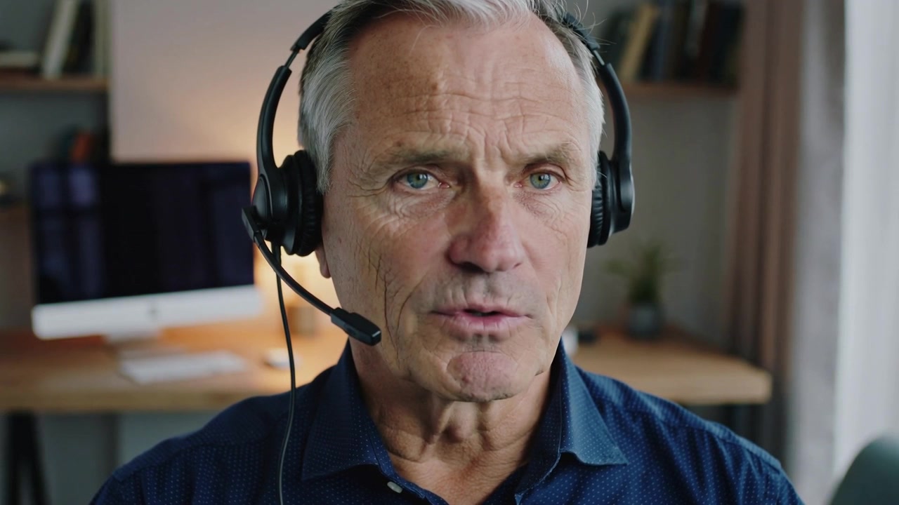 En äldre man i marinblå skjorta hör en samtalsavisering och talar framför kameran på hemmakontoret med ett headset.