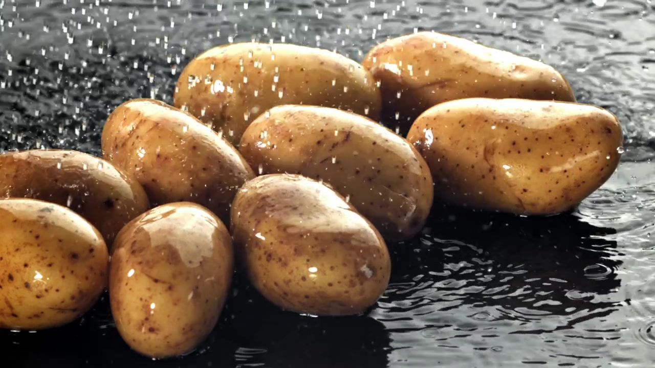 Patate crude che vengono lavate da gocce d'acqua in caduta.