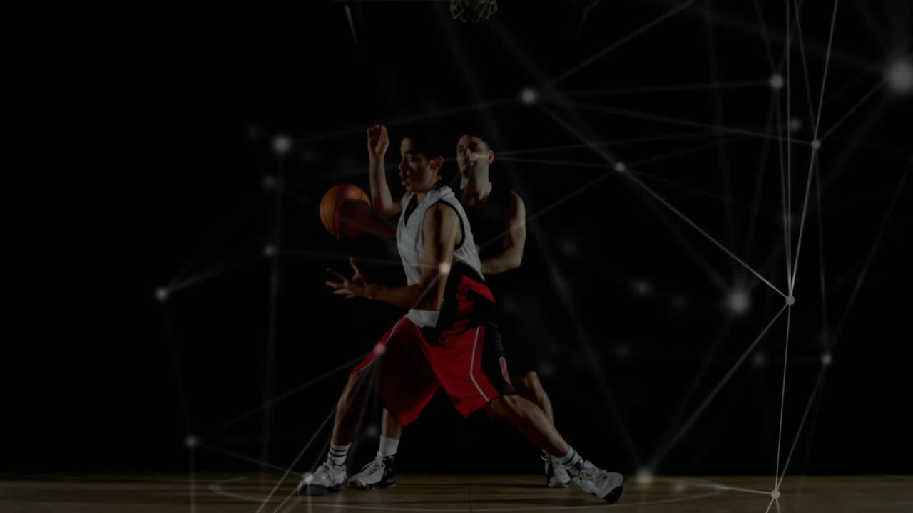 Playing basketball, athletes with network connections animation overlay on court