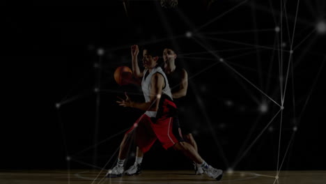 playing basketball, athletes with network connections animation overlay on court