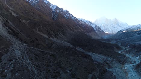 backward aerial sweep of bhojbasa, situated at trekking distance of about 14km from main gangotri, uttarakhand, india