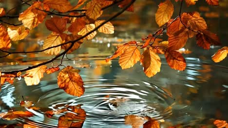 a branch of a tree with orange leaves floating in the water