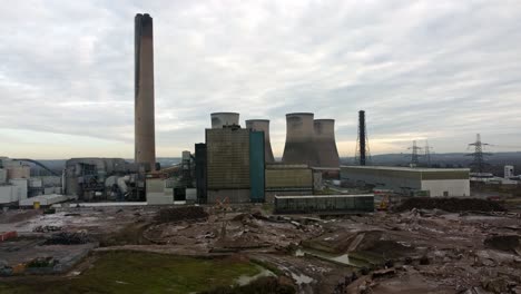 Fiddlers-ferry-power-station-aerial-view-wreckage-of-demolished-smokestack-towers-and-disused-factory-remains