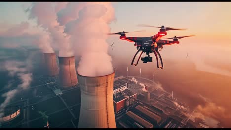 a drone is flying over a power plant with smoke coming out of it