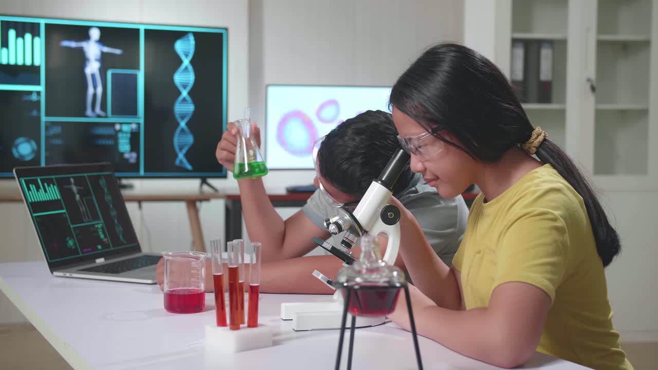Young Asian Boy And Girl Learning Science Experiment In Laboratory At Classroom. Study With Scientific Equipment And Test Tubes