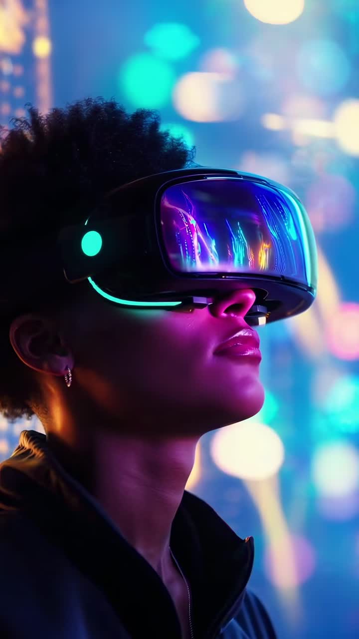 Primo piano di una persona che indossa un visore VR, luci colorate, atmosfera futuristica da videogioco