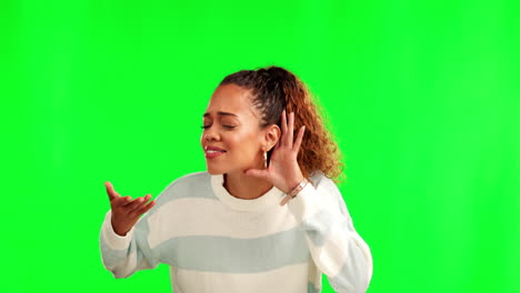 Woman,-hear-and-hand-by-ear-by-green-screen