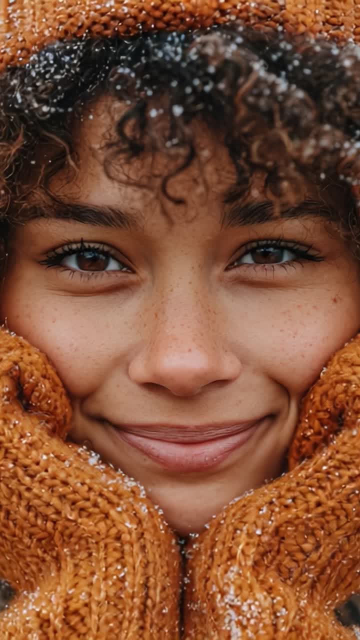 Joyful Woman Embracing Winter: A Close-up of a Happy Face Surrounded by Snowflakes, Wearing an Orange Knit Hat and Cozy Mittens, Radiating Warmth and Cheer