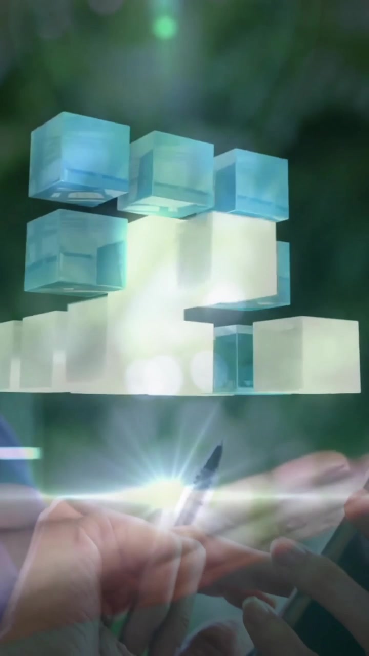 Interacting with holographic animation cubes, hands using smartphone outdoors