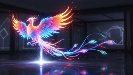 a stunning rise of the colorful phoenix: a vibrant display of transformation with fiery plumes and radiant colors that capture imagination in a modern setting