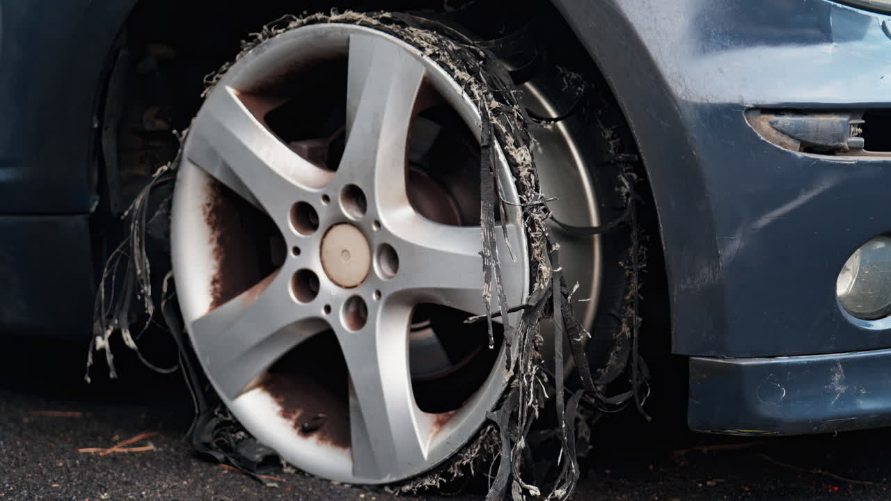 Close up of a blown tire of an old, blue car