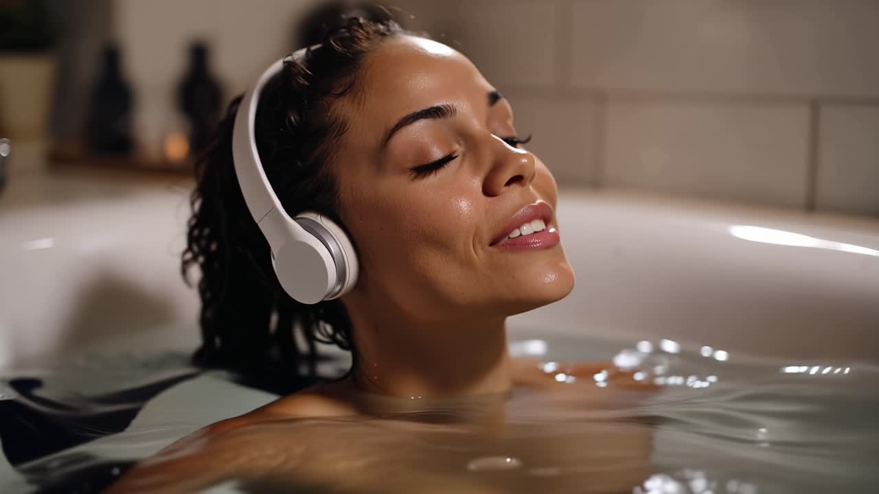 Serene Woman Listening to Music in a Bathtub