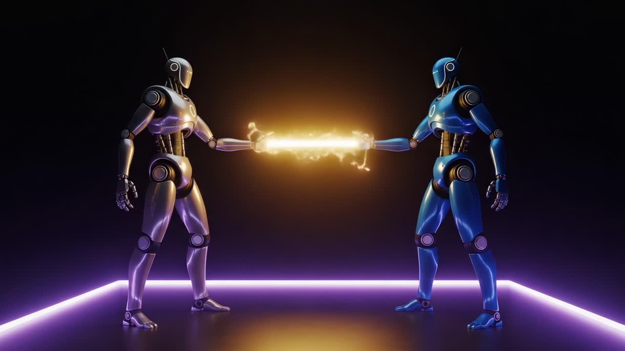 Two Futuristic Robots Engaged in a Dynamic Duel, Channeling Energy Through a Glowing Sword Connection in a High-Tech Digital Arena