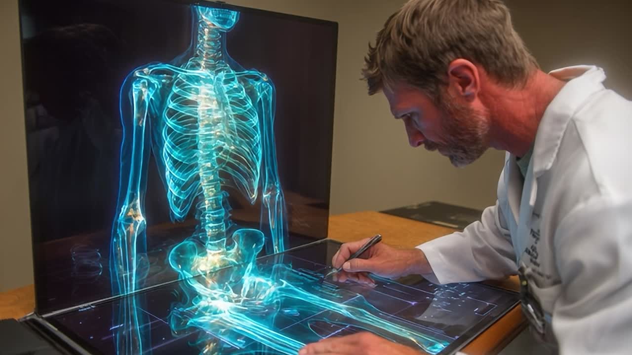 Un profesional de la medicina utiliza tecnología avanzada para analizar la estructura ósea