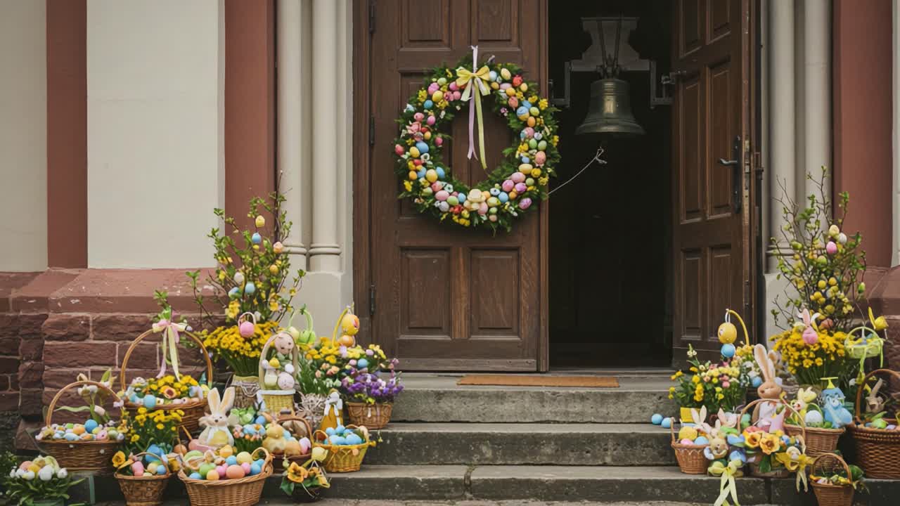 A Beautiful Spring Entrance Adorned with Colorful Easter Decorations, Including Floral Arrangements and Cheerful Bunny Accents Welcoming the Season of Renewal