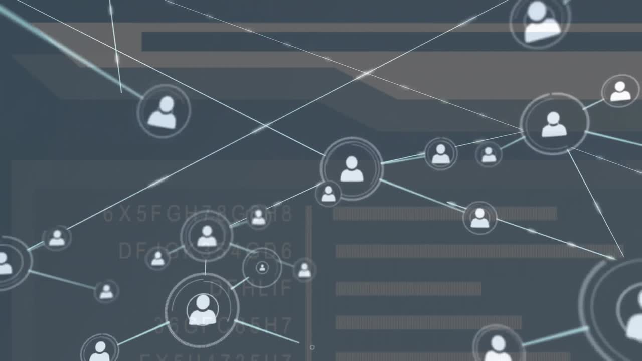 animación de la red de conexiones con personas iconos y procesamiento de datos