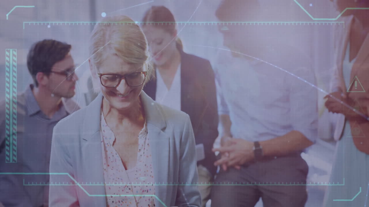 Animation of network of connections with icons over diverse colleagues discussing work