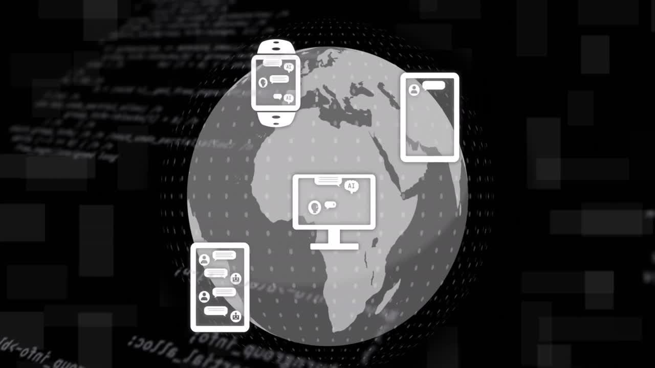 animación de iconos, globo giratorio y lenguaje informático sobre fondo negro