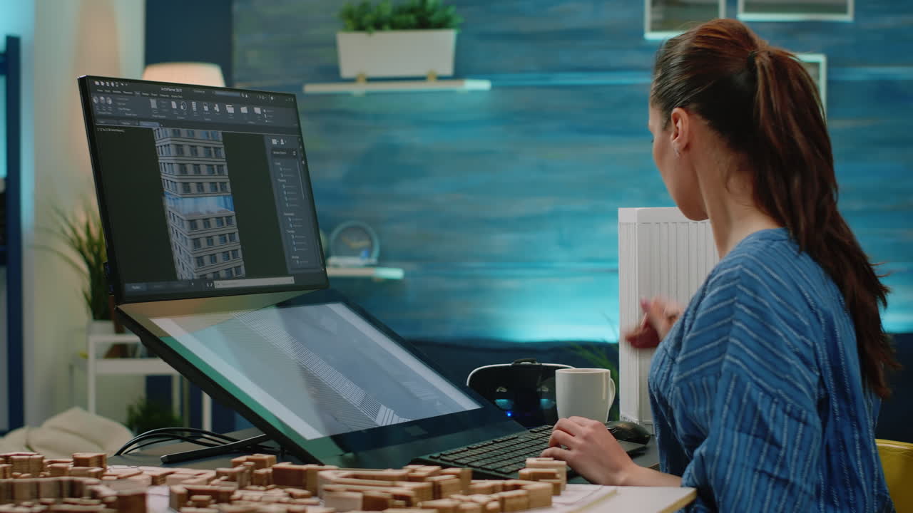 Woman working as architect looking at maquette on computer