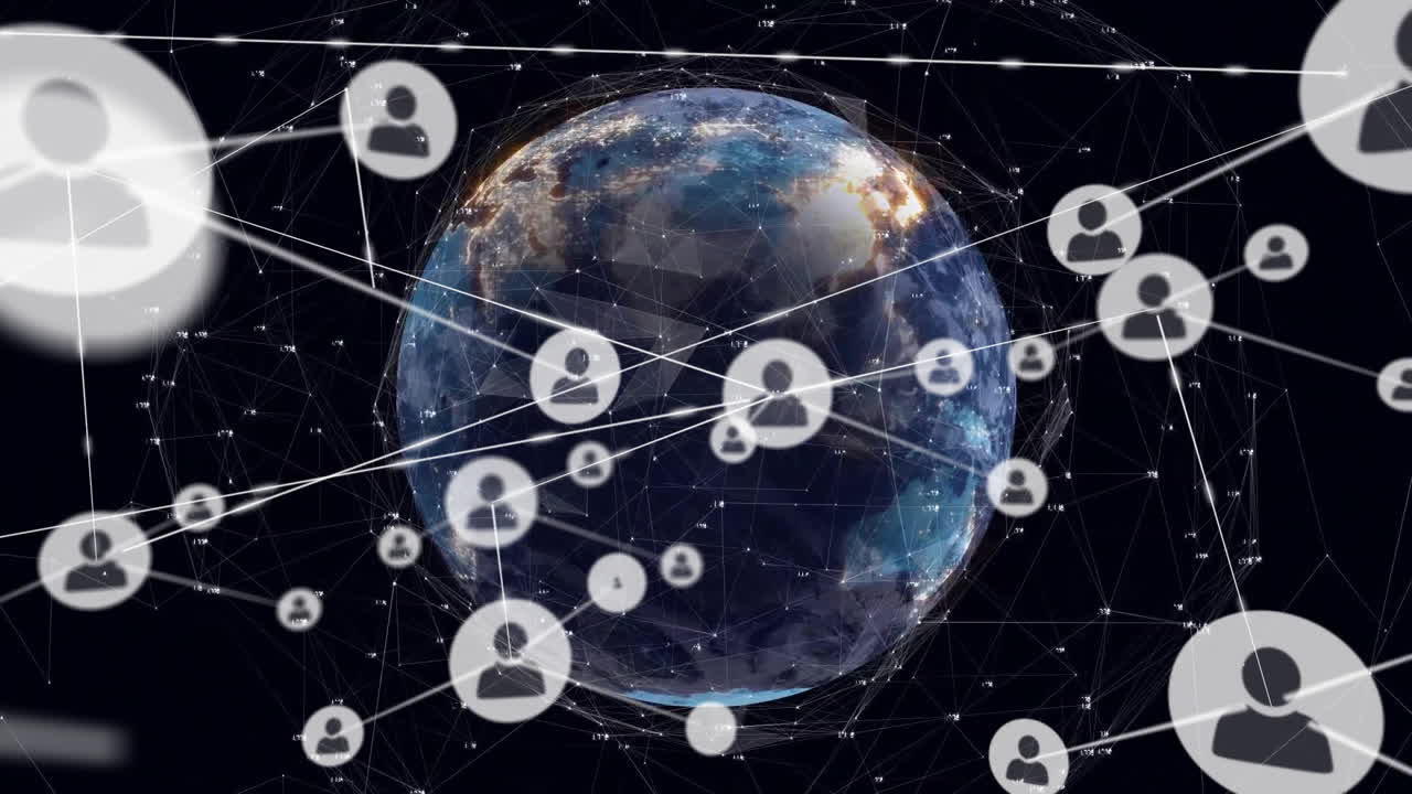 전 세계에 있는 아이콘과 연결된 네트워크의 애니메이션