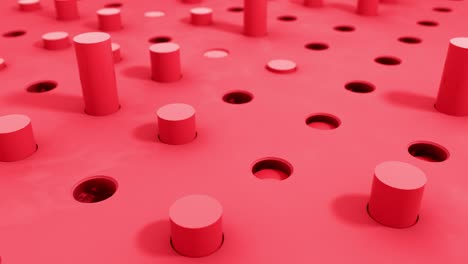 3d shapes cylinder flying intro holes in red pastel colors. 4k seamless loop render animation.