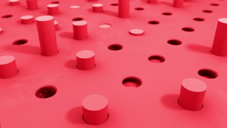 3d formas de cilindro volando agujeros de introducción en colores rojos pastel. 4k animación de renderización de bucle sin costuras.